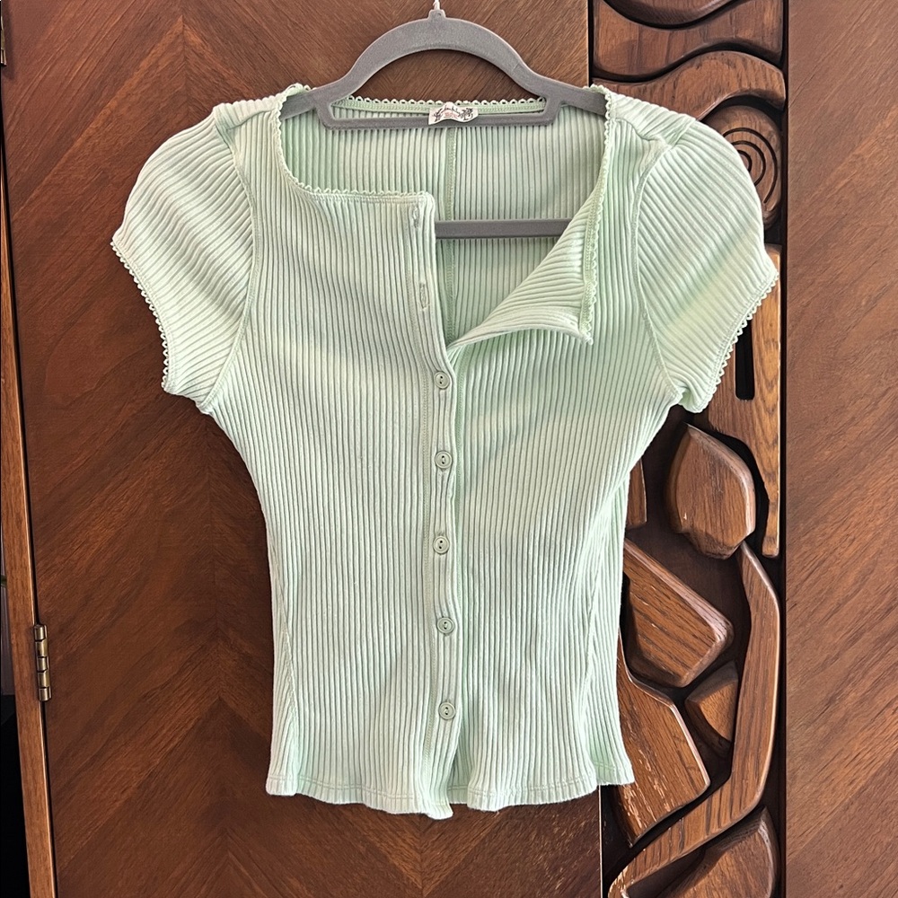 Free People Light Green Ribbed Blouse